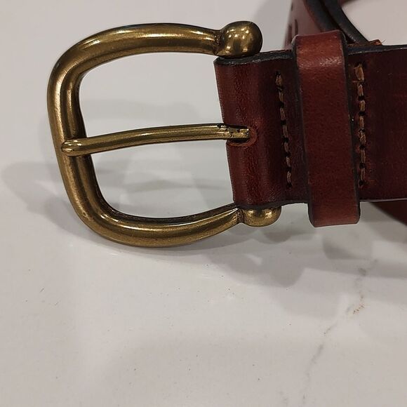 Express Perforated Brown Italian Leather Belt Solid Brass Buckle - Picture 2 of 10